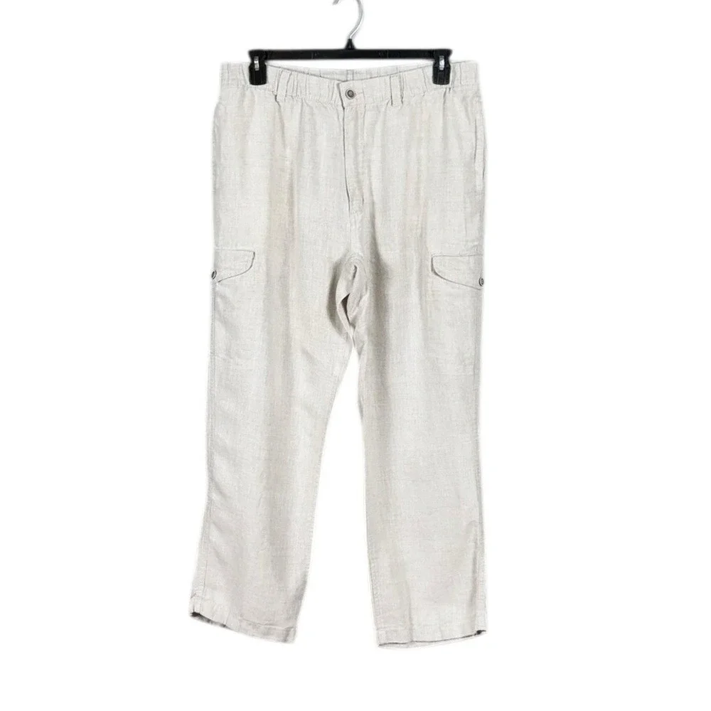 Caribbean Mens 100% Linen Cargo Pants Size 38 Preppy Beachy Coastal Resort